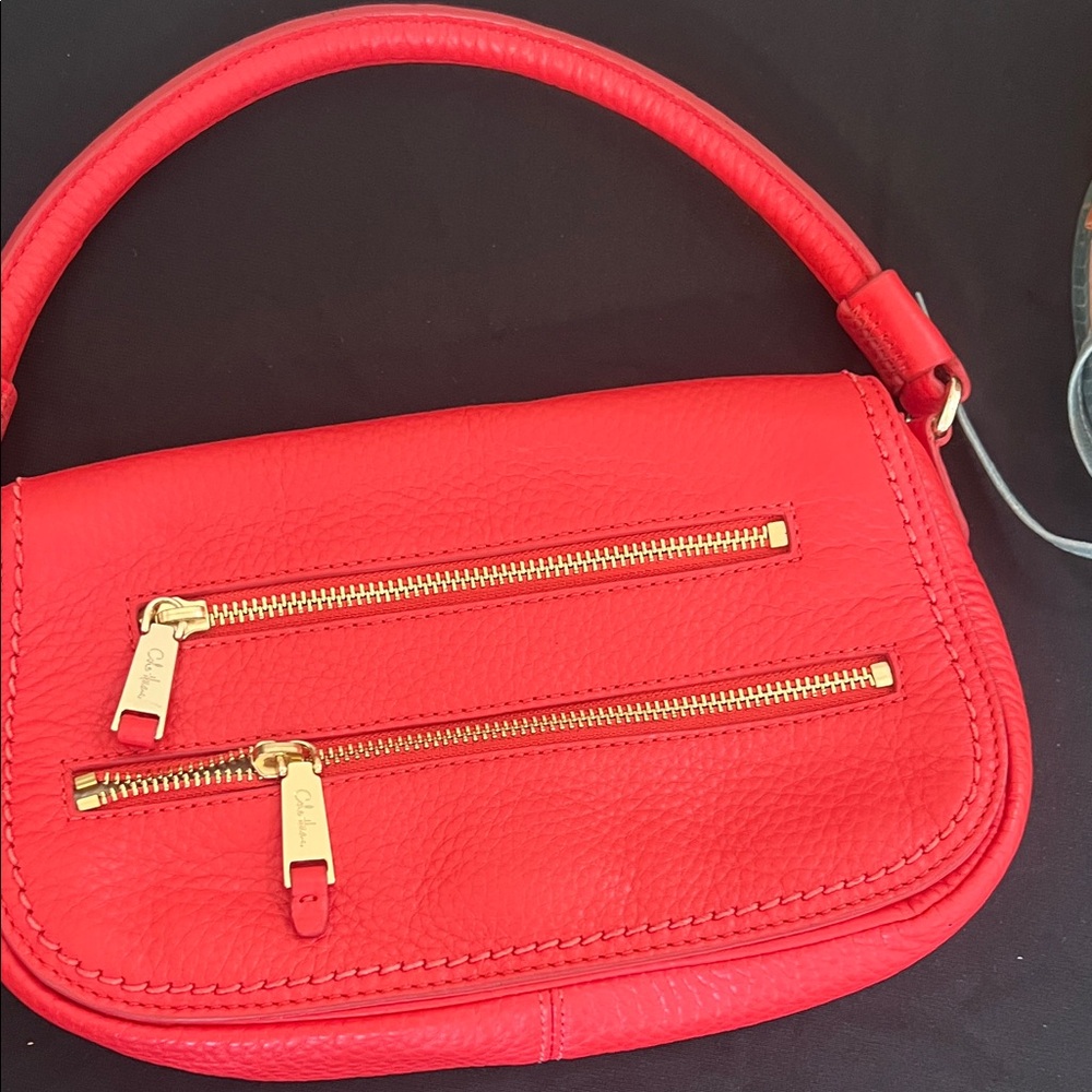 Coral-Red Pebbled Leather Top-Handle Bag with Gold Zippers